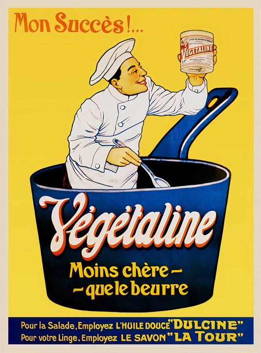 1905 French food poster showing chef in blue pot holding Végetaline margarine can, bright yellow background, Art Nouveau style