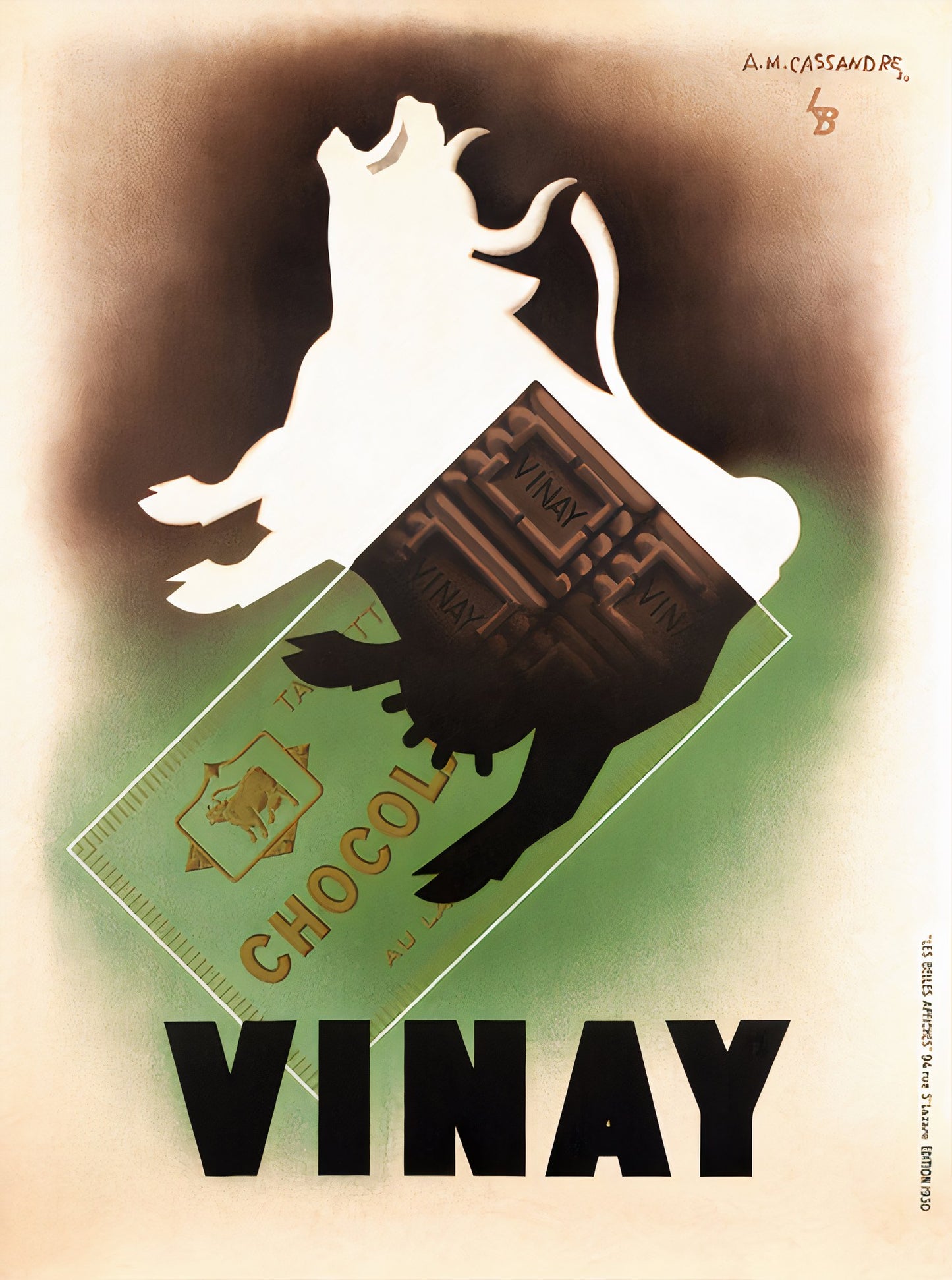 1930 Vinay chocolate poster showing white leaping cow with chocolate bar hindquarters, green and cream palette, A.M. Cassandre