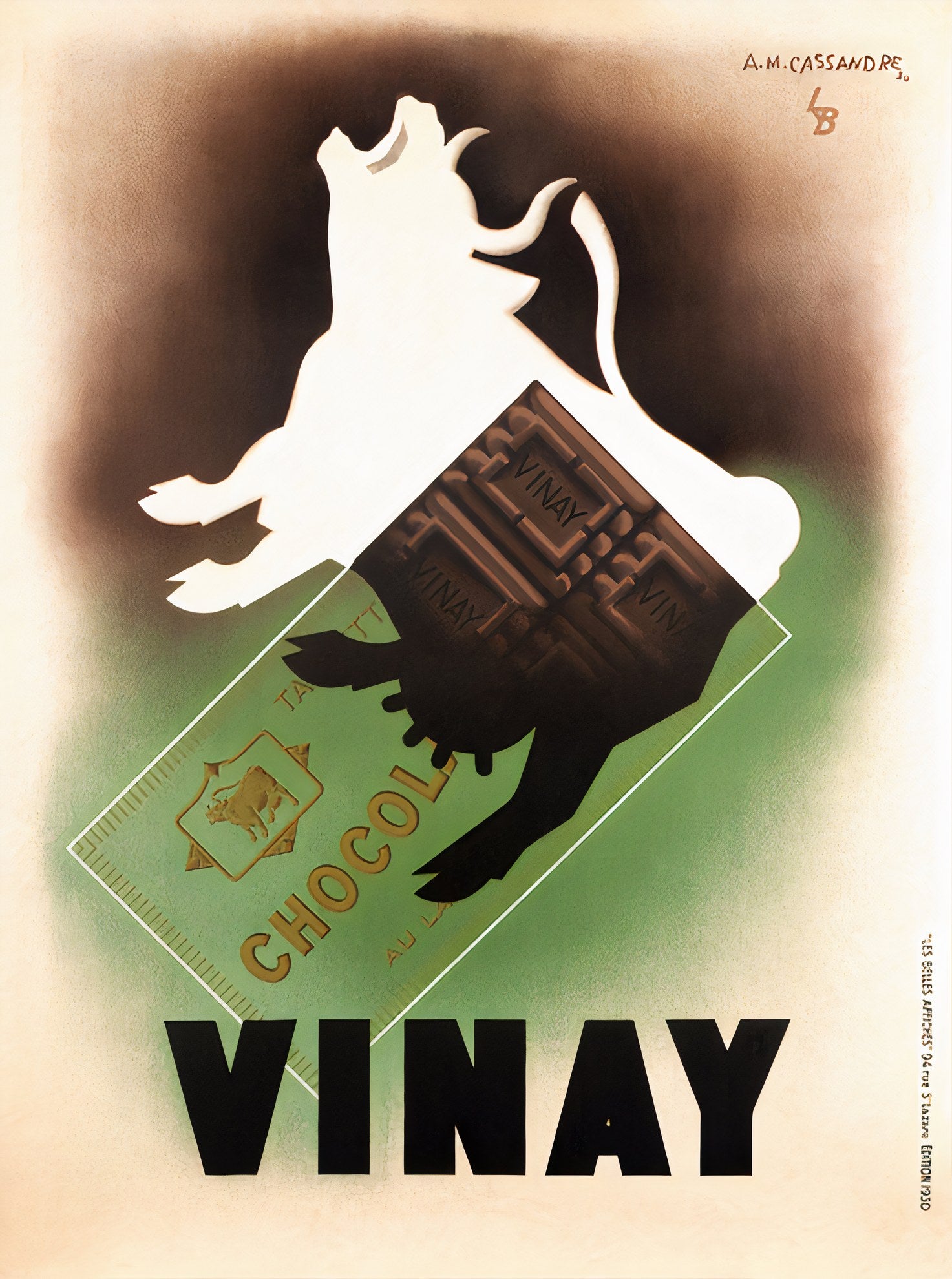 1930 Vinay chocolate poster showing white leaping cow with chocolate bar hindquarters, green and cream palette, A.M. Cassandre
