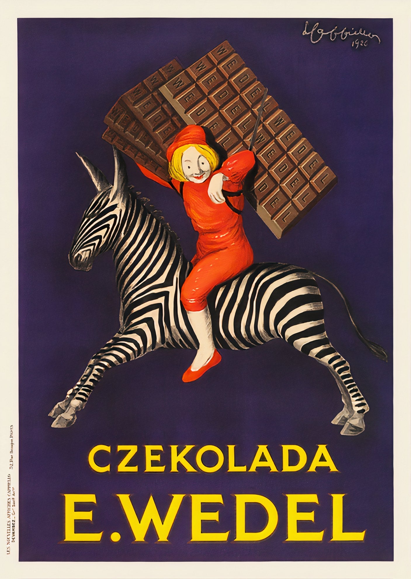 1926 E. Wedel chocolate poster showing woman in red riding zebra with chocolate bar, purple background, Leonetto Cappiello