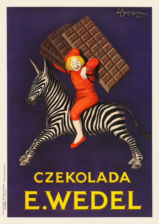 1926 E. Wedel chocolate poster showing woman in red riding zebra with chocolate bar, purple background, Leonetto Cappiello