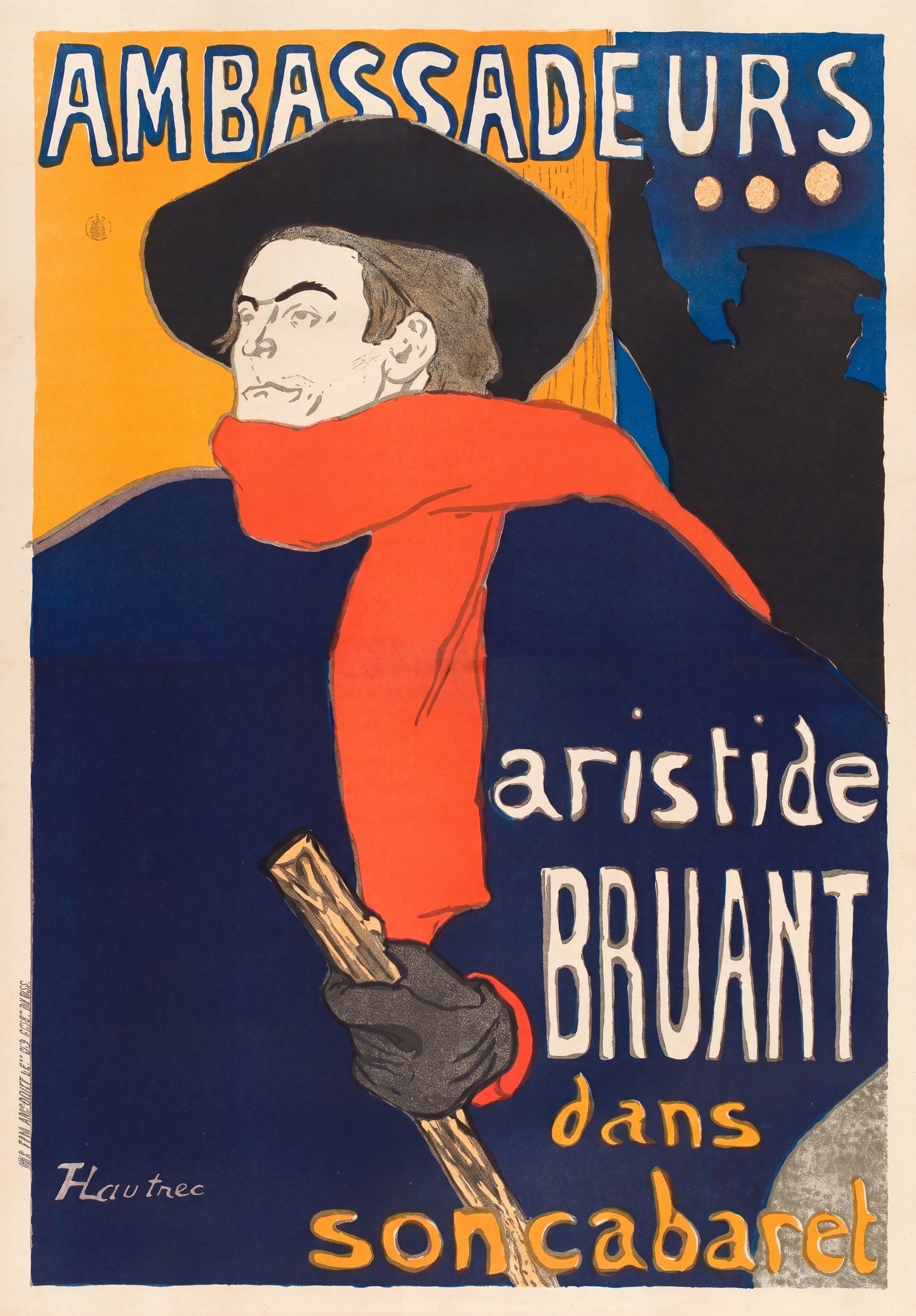 1892 Paris cabaret poster showing Aristide Bruant in black hat and red scarf, navy and orange, Toulouse-Lautrec | The Vintage Poster Archives