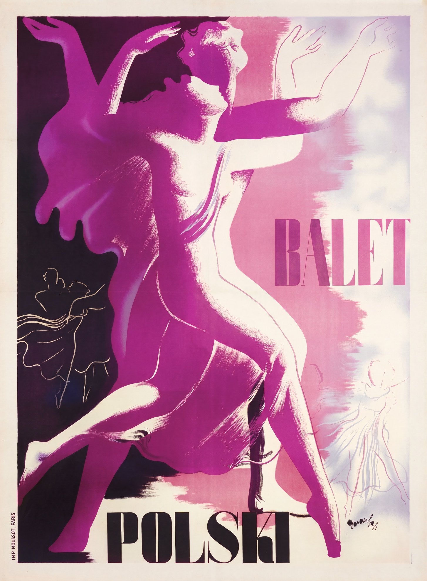 1930s Polish Ballet poster showing magenta ballerina mid-movement, bold pink and purple palette, Balet Polski | The Vintage Poster Archives