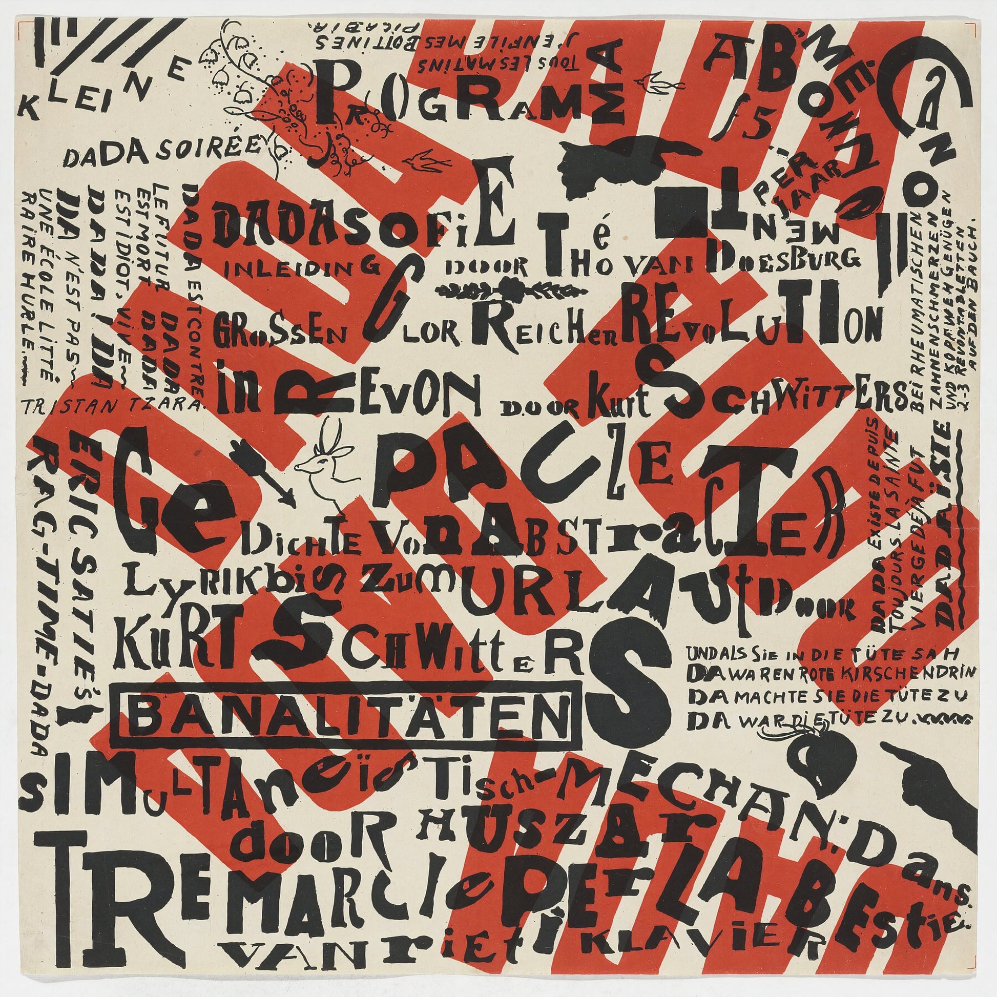 1922 Dada Soiree lithographic poster by Theo van Doesburg and Kurt Schwitters, red DADA lettering on black typographic field | The Vintage Poster Archives