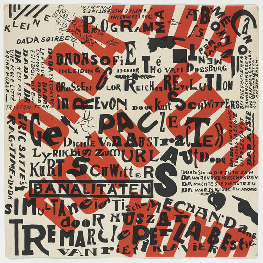 1922 Dada Soiree lithographic poster by Theo van Doesburg and Kurt Schwitters, red DADA lettering on black typographic field | The Vintage Poster Archives