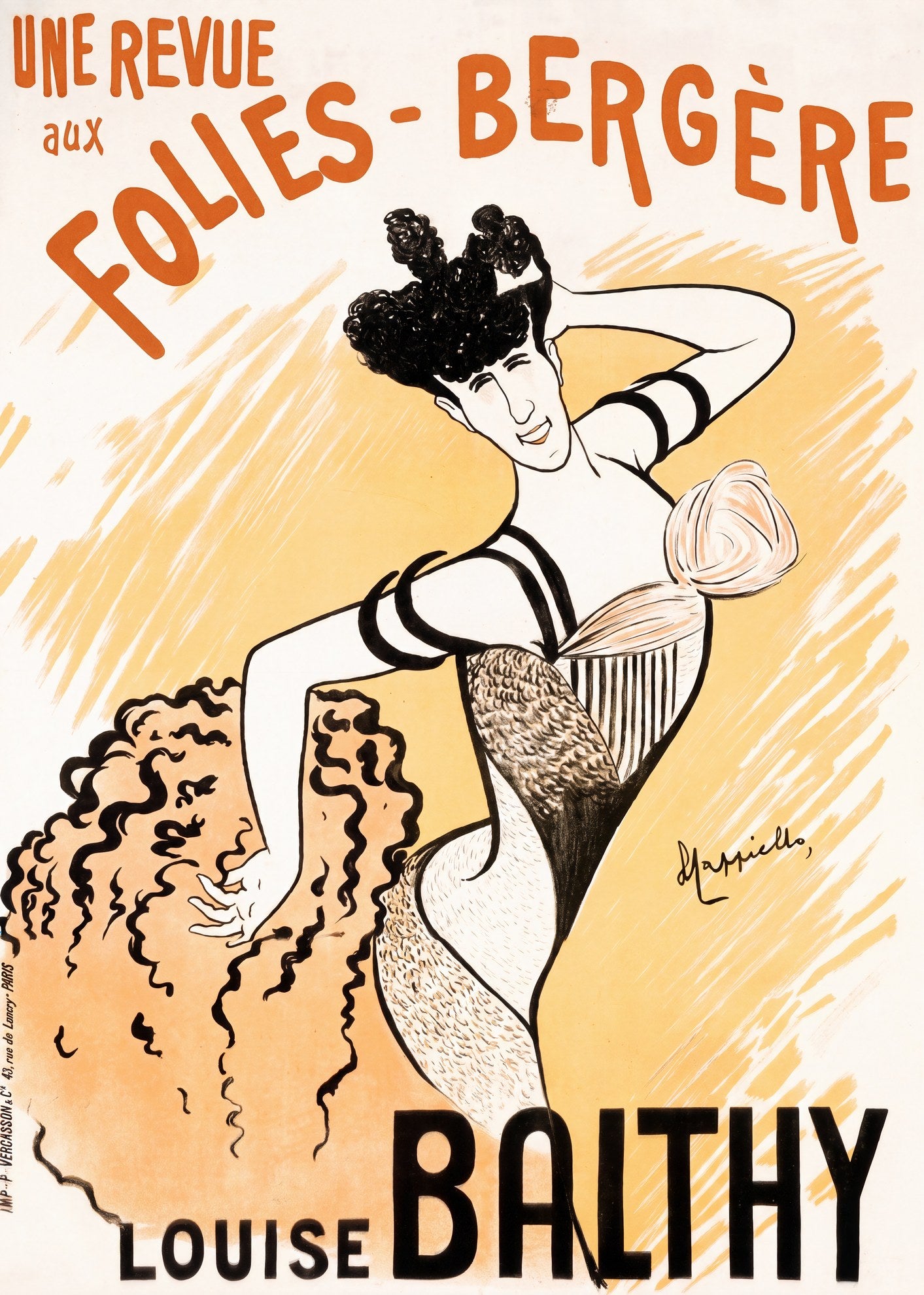 1902 Folies-Bergere cabaret poster showing Louise Balthy, amber brushstroke ground, Leonetto Cappiello | The Vintage Poster Archives