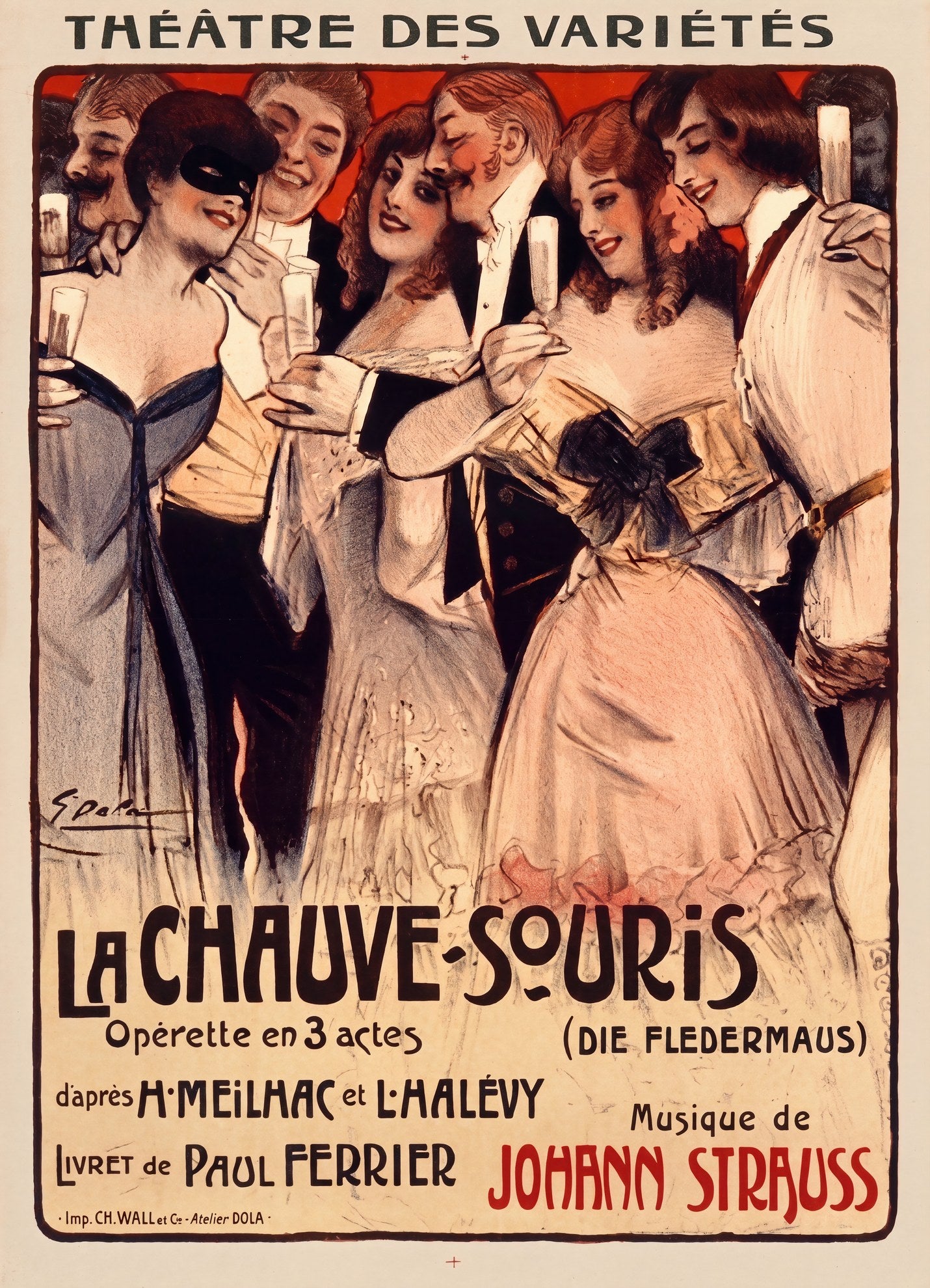 1904 Théâtre des Variétés poster for La Chauve-Souris, figures in formal dress raising champagne flutes, crimson ground, Georges Dola | The Vintage Poster Archives