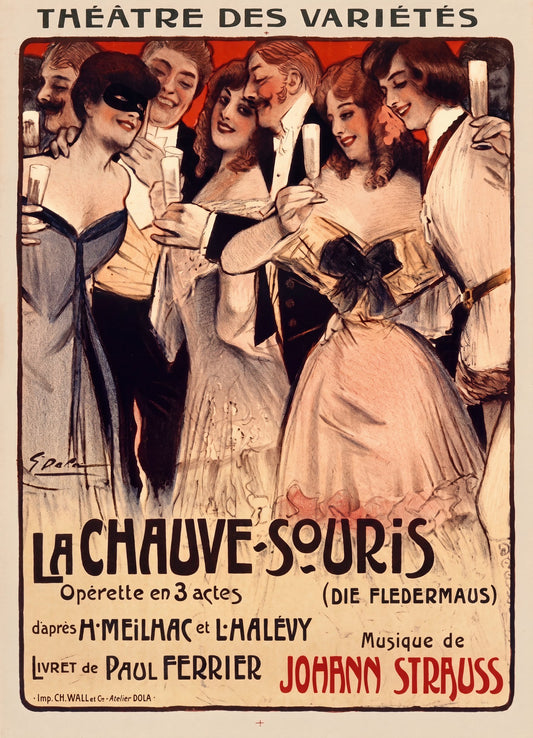 1904 Théâtre des Variétés poster for La Chauve-Souris, figures in formal dress raising champagne flutes, crimson ground, Georges Dola | The Vintage Poster Archives