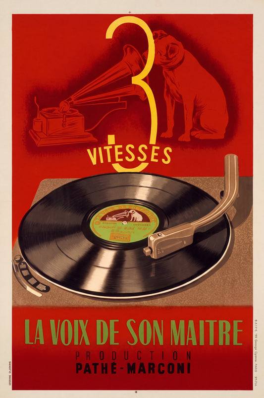 1950s Pathé-Marconi La Voix de Son Maître advertising poster, black vinyl record on turntable, cadmium red ground, Bernard Villemot | The Vintage Poster Archives