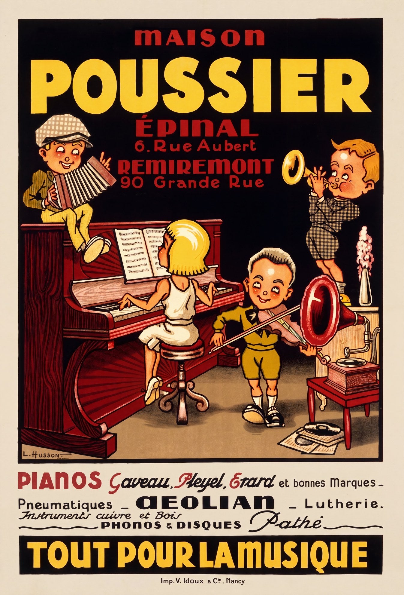 1920s French music store poster, four children playing piano, accordion, violin and trumpet, bold yellow type, Léon Husson | The Vintage Poster Archives