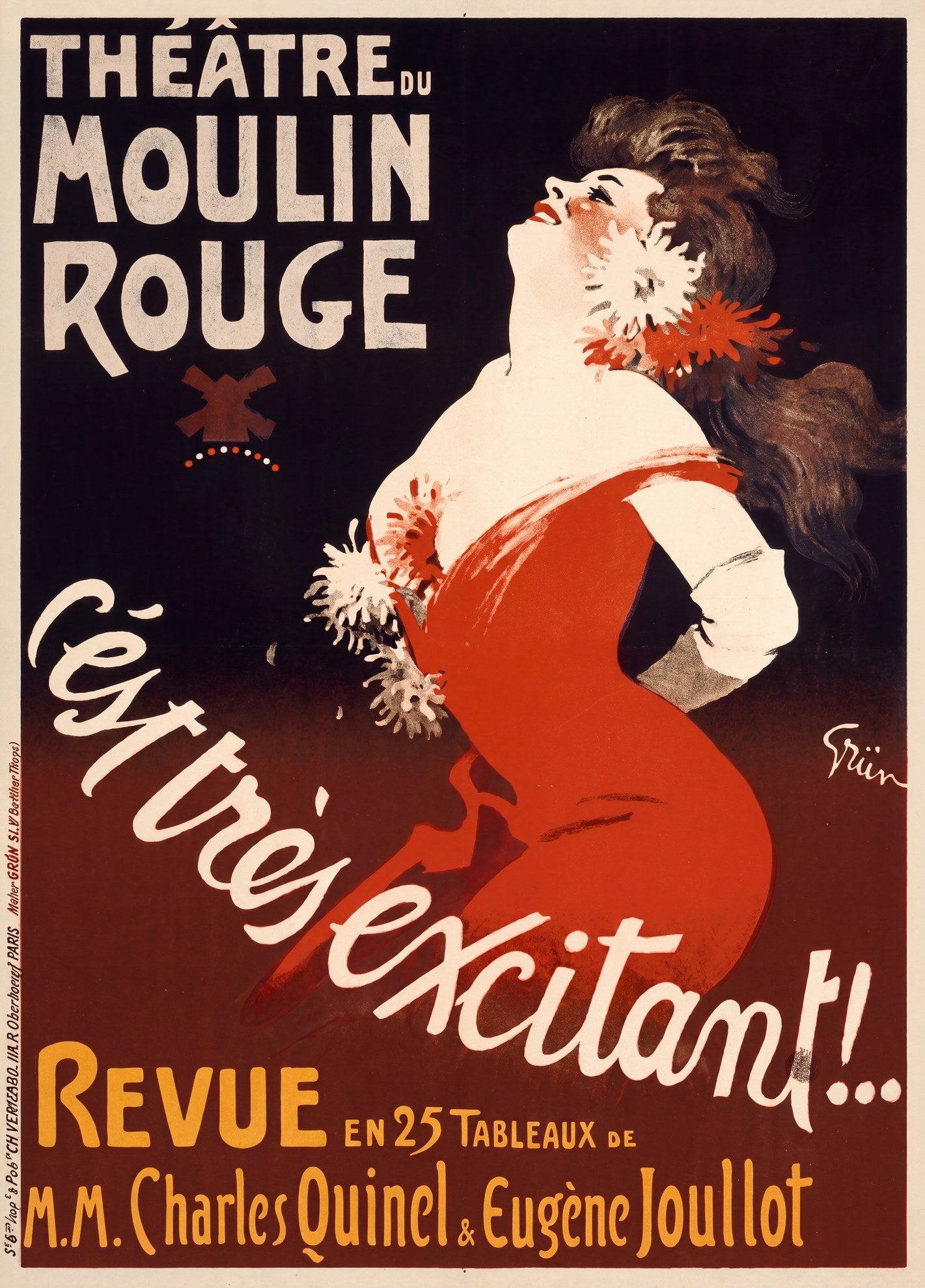 1911 Moulin Rouge revue poster by Jules-Alexandre Grün, dancer in crimson red arching back on black ground | The Vintage Poster Archives