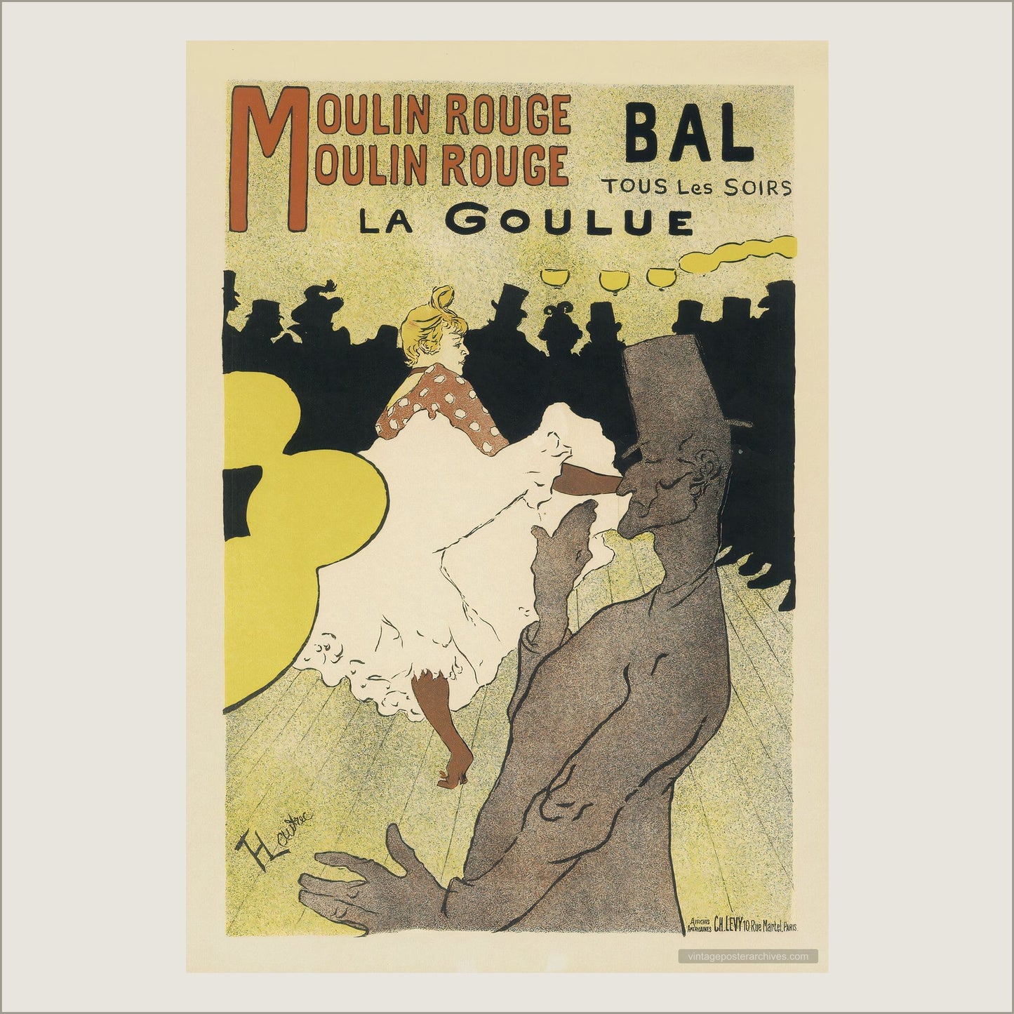 1891 Moulin Rouge La Goulue poster, cancan dancer in white petticoats, yellow ground, black silhouettes, Toulouse-Lautrec | The Vintage Poster Archives