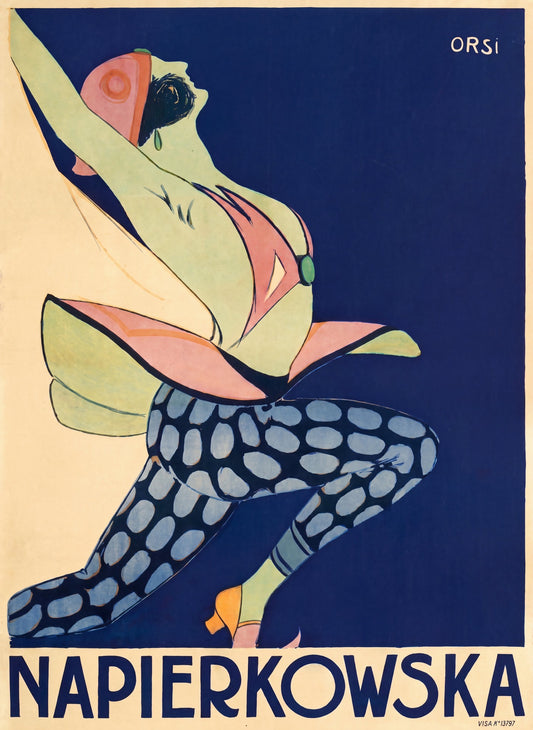 1910s French theatre poster showing dancer Napierkowska arching on cobalt blue, spotted tights, by Orsi | The Vintage Poster Archives