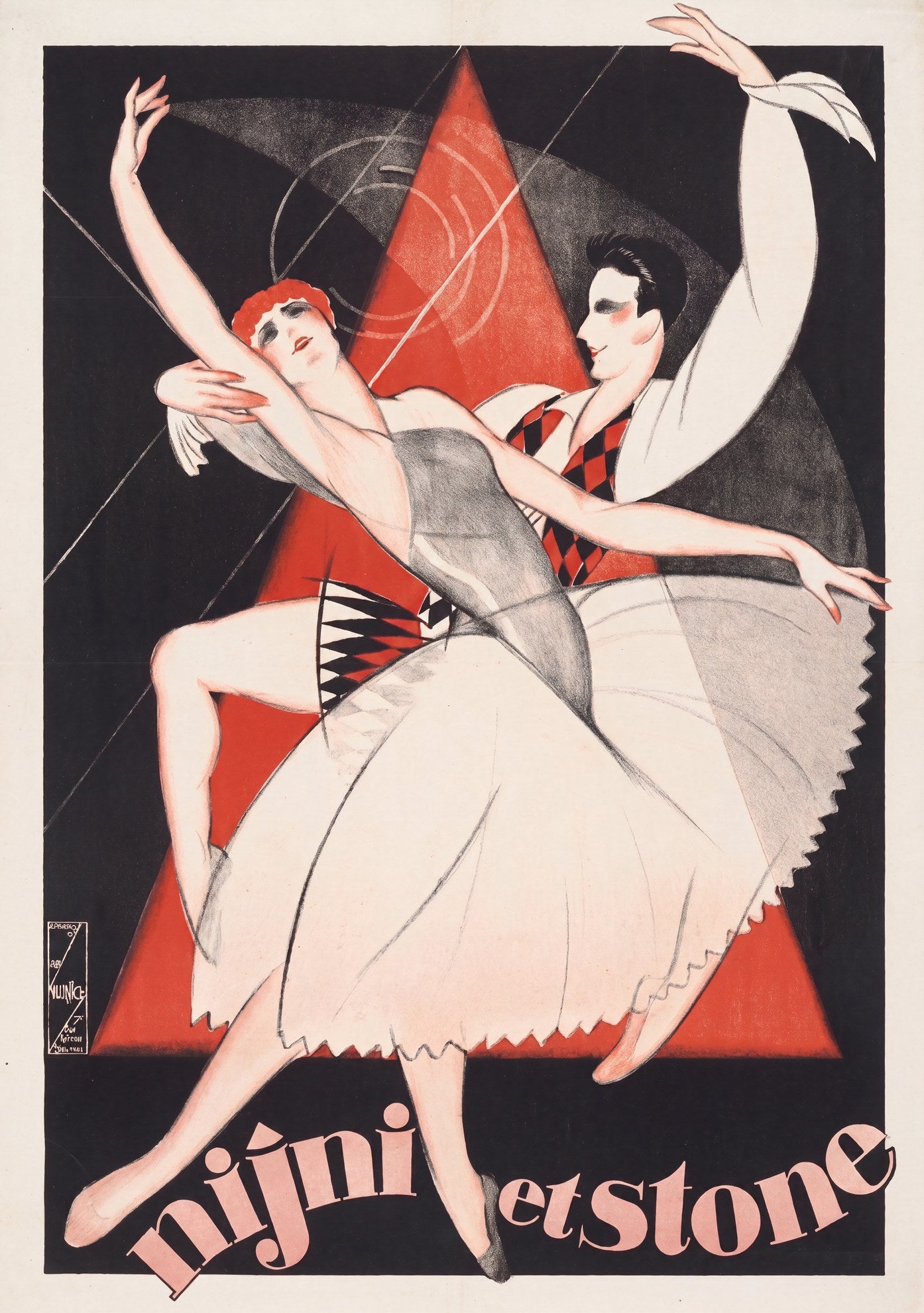 1930s French theatre poster showing Nijni and Stone dance duo, harlequin costumes, red triangle ground, Obrad Nicolitch | The Vintage Poster Archives