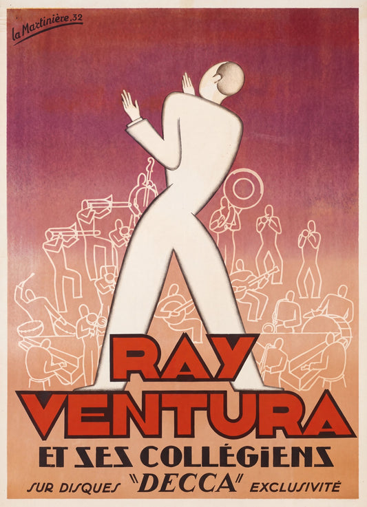 1932 French jazz poster for Ray Ventura et ses Collegiens on Decca, white Art Deco conductor figure over burgundy gradient, bold vermilion lettering | The Vintage Poster Archives