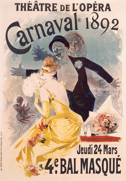 1892 Jules Chéret art nouveau poster: masked woman in gold gown, harlequin figure, Paris Opera Carnaval Bal Masque | The Vintage Poster Archives