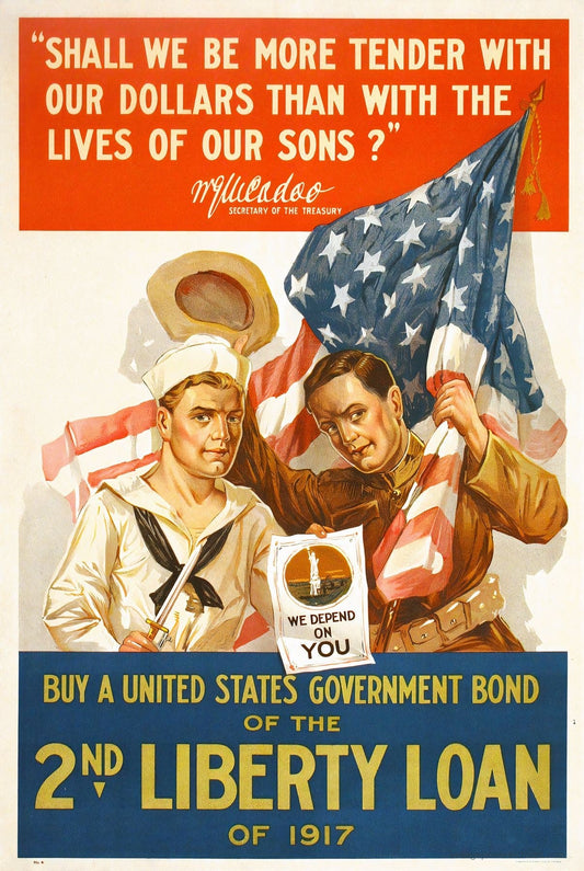 1917 Second Liberty Loan WW1 propaganda poster showing sailor and soldier, war bonds appeal