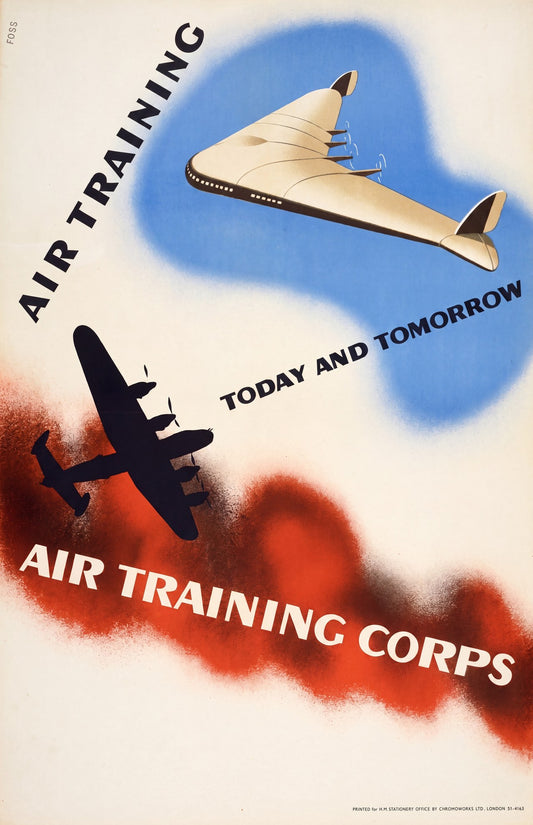 1940s RAF Air Training Corps poster showing bomber aircraft silhouette against red background, futuristic plane above, Jonathan Foss