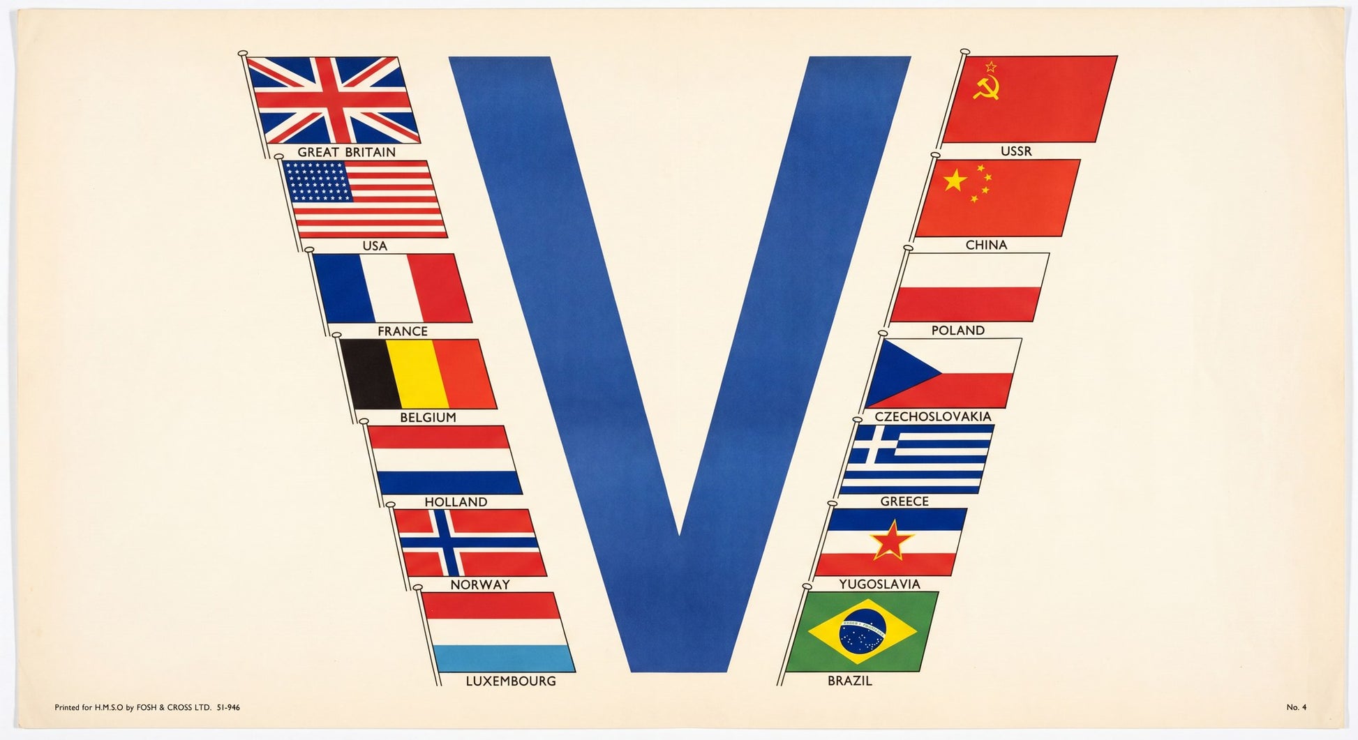 1941 British WW2 propaganda poster showing Allied flags forming V for Victory, blue and red design, HMSO Fosh Cross