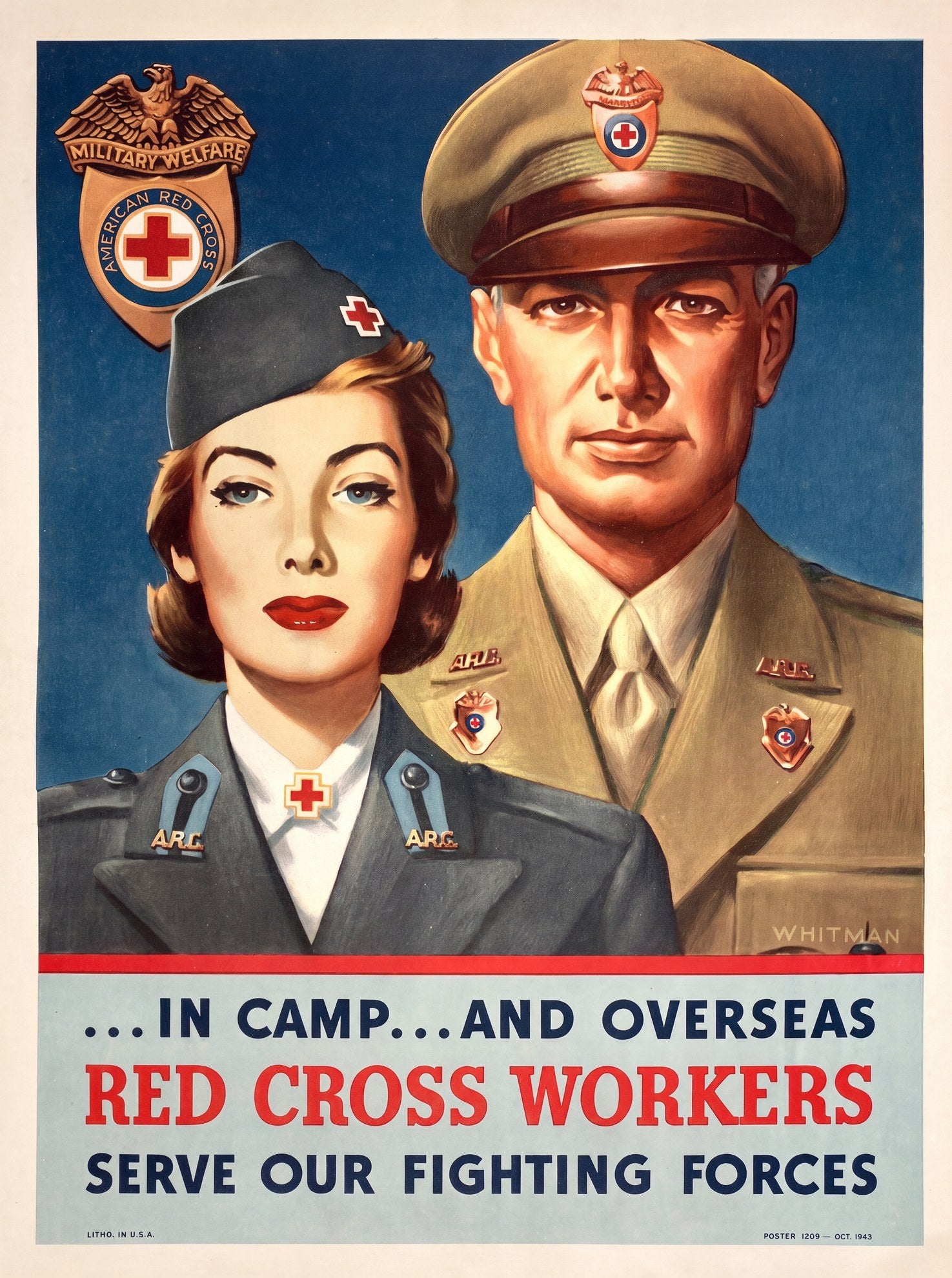 1943 American Red Cross poster showing military welfare officers in uniform, navy blue background, John Franklin Whitman Jr