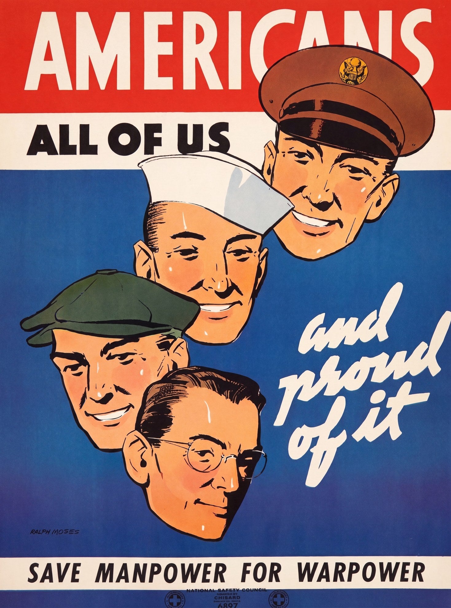 1943 American wartime poster showing four male workers in military and civilian dress, red white blue patriotic design, Ralph Moses