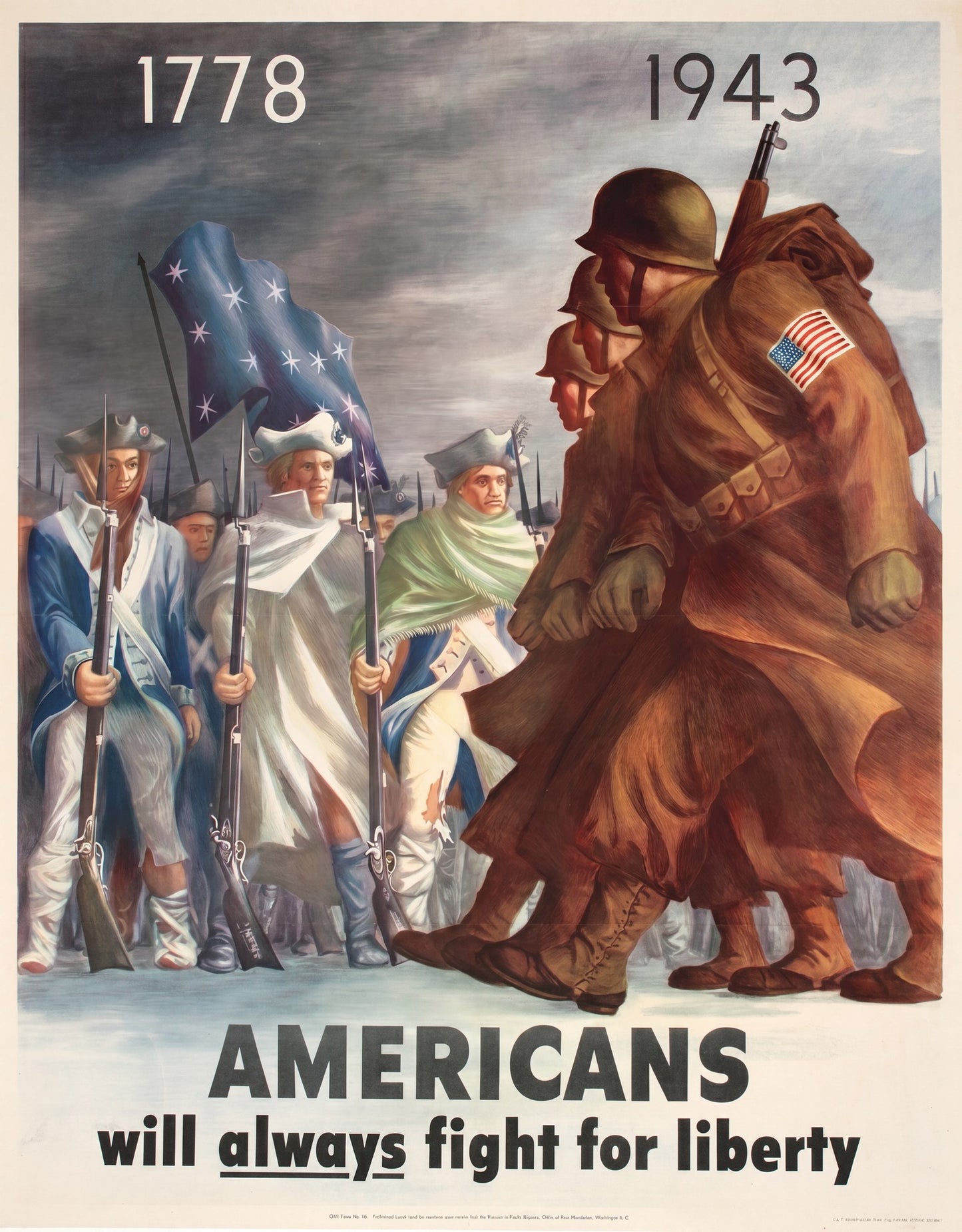 1943 US war propaganda poster showing soldiers from 1778 and 1943, brown and blue uniforms, Bernard Perlin design