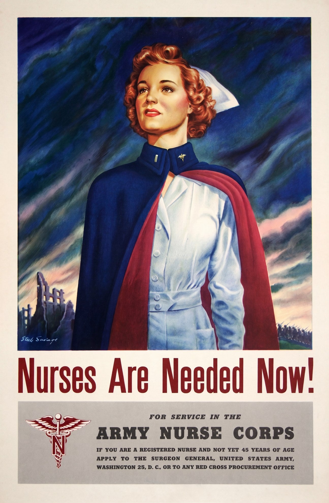 1944 Army Nurse Corps recruitment poster showing uniformed nurse against war scene background, navy and red palette, Steele Savage