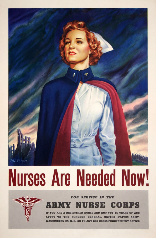 1944 Army Nurse Corps recruitment poster showing uniformed nurse against war scene background, navy and red palette, Steele Savage