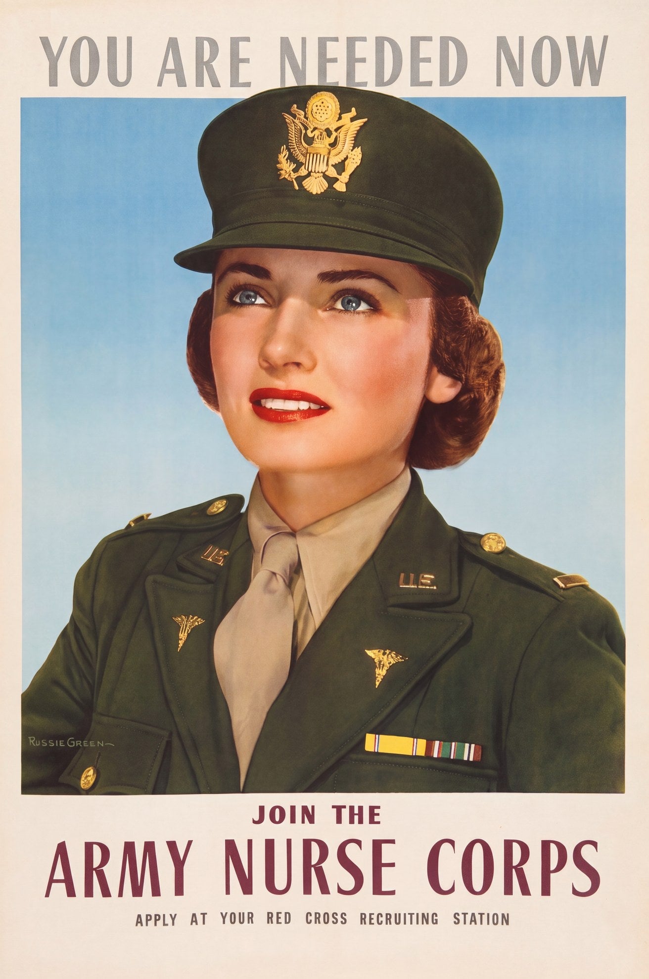 1943 Army Nurse Corps recruitment poster showing uniformed woman with golden eagle insignia, light blue background, Ruzzie Green
