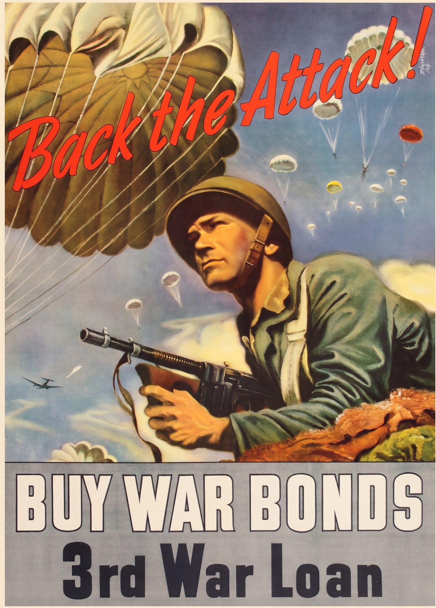 1943 WW2 propaganda poster showing paratrooper with machine gun and descending parachutes, red and blue palette, Georges Schreiber