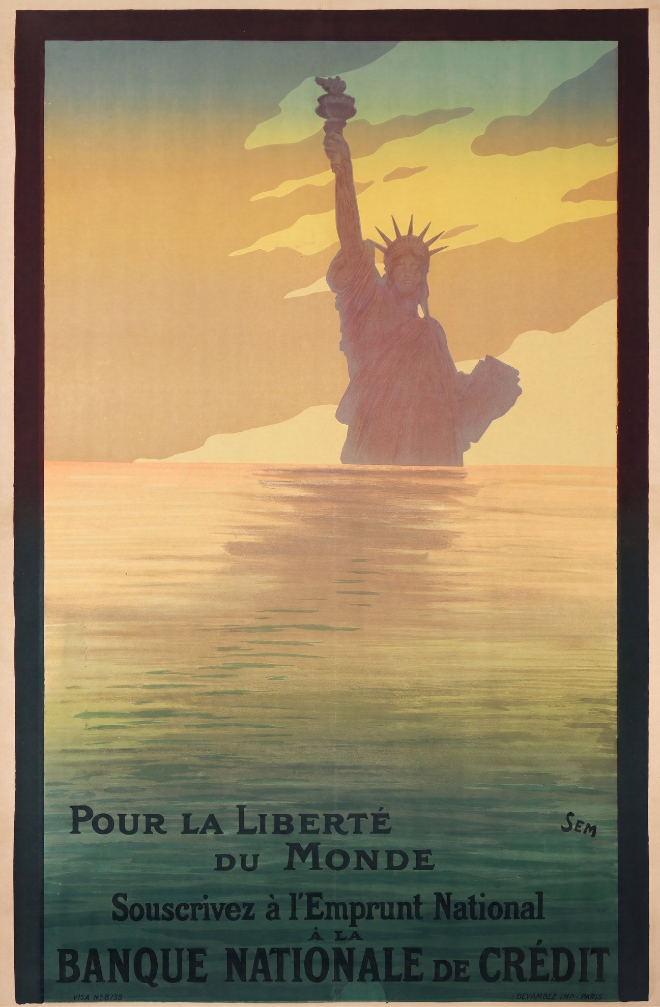 1917 French WW1 propaganda poster: Statue of Liberty rising from golden sea, amber sky, by Georges Goursat (Sem) | The Vintage Poster Archives