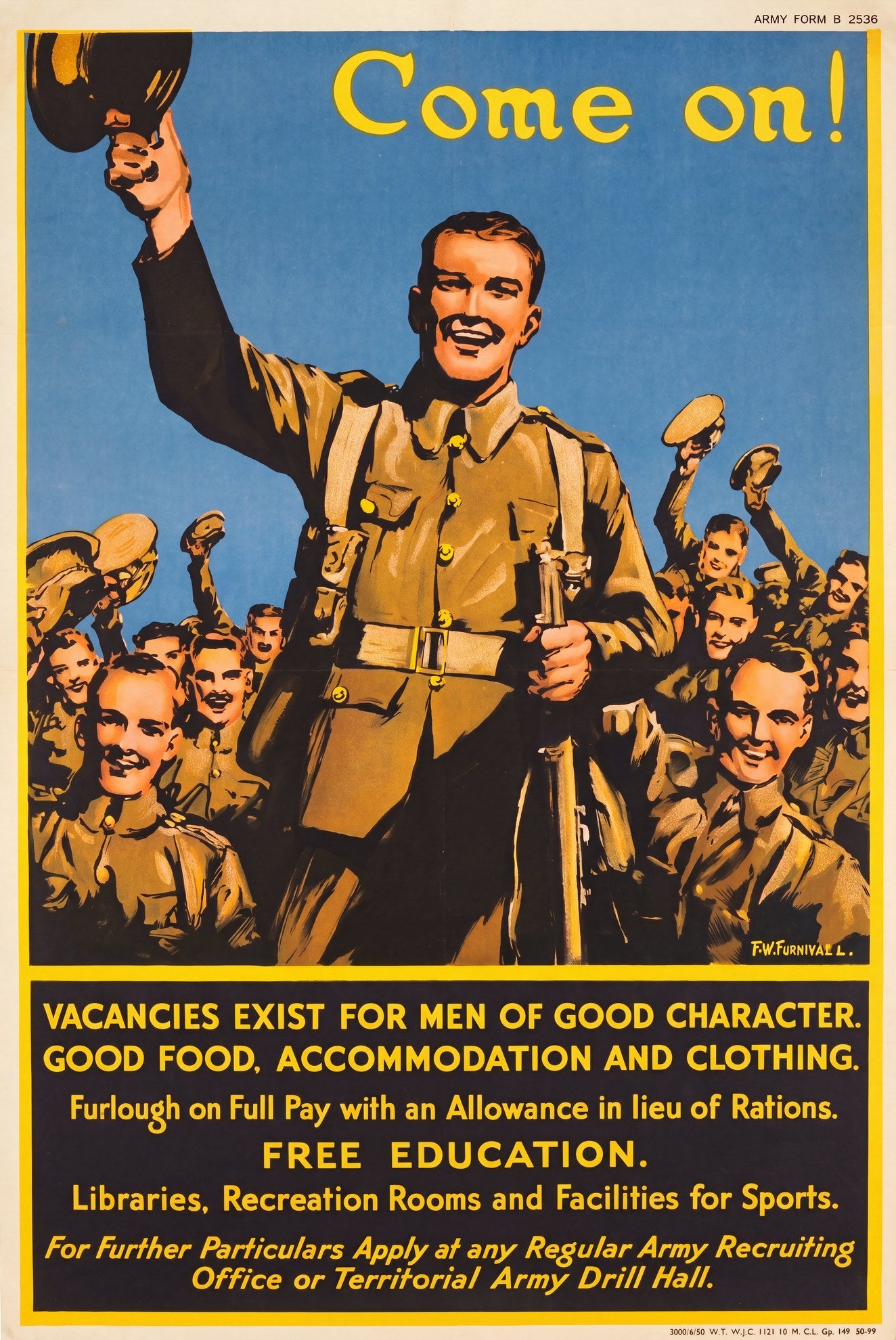1950 British Army recruitment poster showing smiling soldier raising cap above crowd, cobalt blue ground, yellow headline, F.W. Furnivall | The Vintage Poster Archives