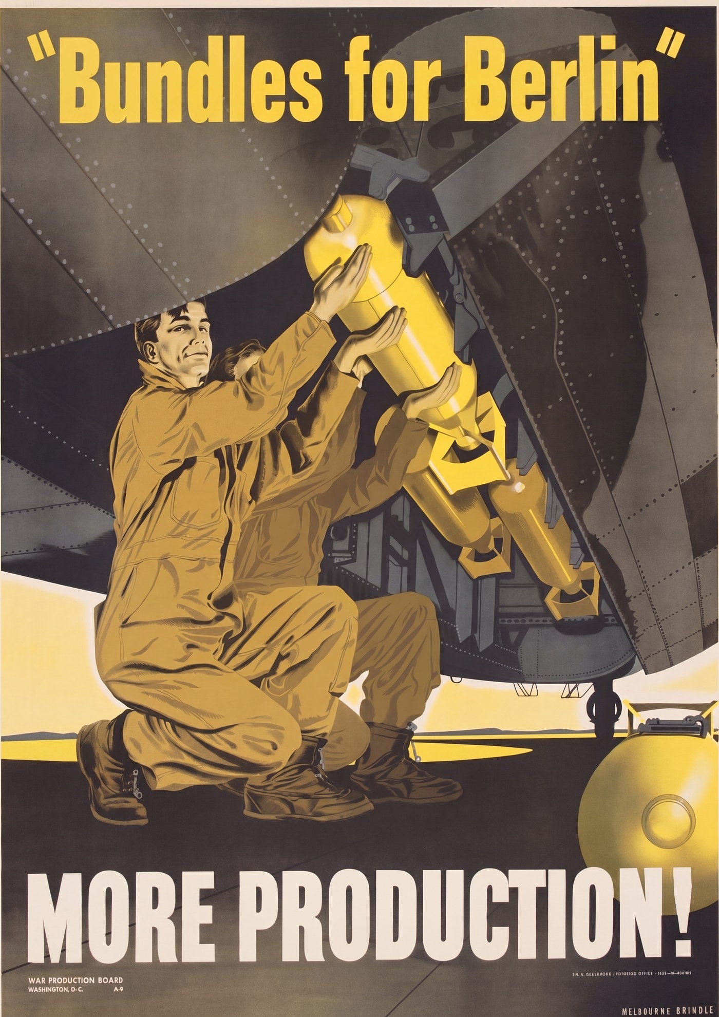 1942 WW2 propaganda poster showing servicemen loading yellow bomb into aircraft, brown uniforms, Melbourne Brindle | The Vintage Poster Archives