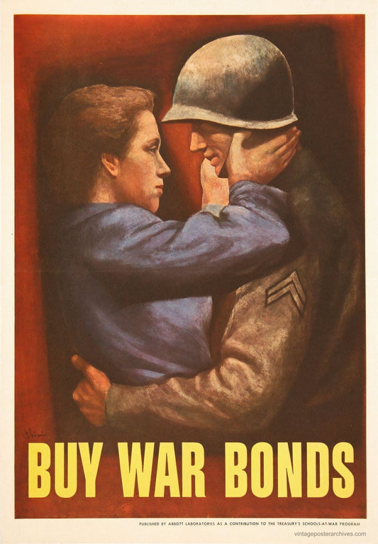 1943 Buy War Bonds WW2 propaganda poster showing soldier embracing, Abbott Laboratories, Symeon Shimin