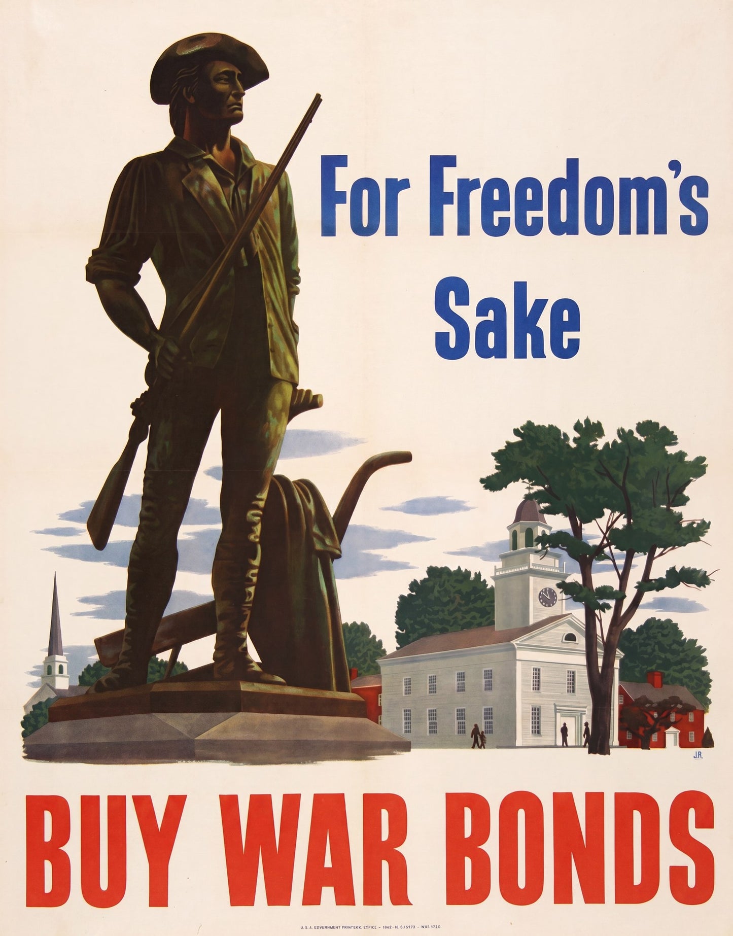 1943 war bonds poster showing bronze minuteman statue with rifle and plow, Concord church background, John Atherton