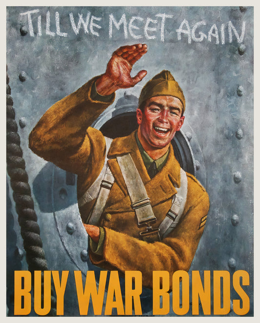 1942 WW2 propaganda poster: US soldier waves from ship porthole, khaki uniform, gold 'Buy War Bonds' text, Joseph Hirsch | The Vintage Poster Archives