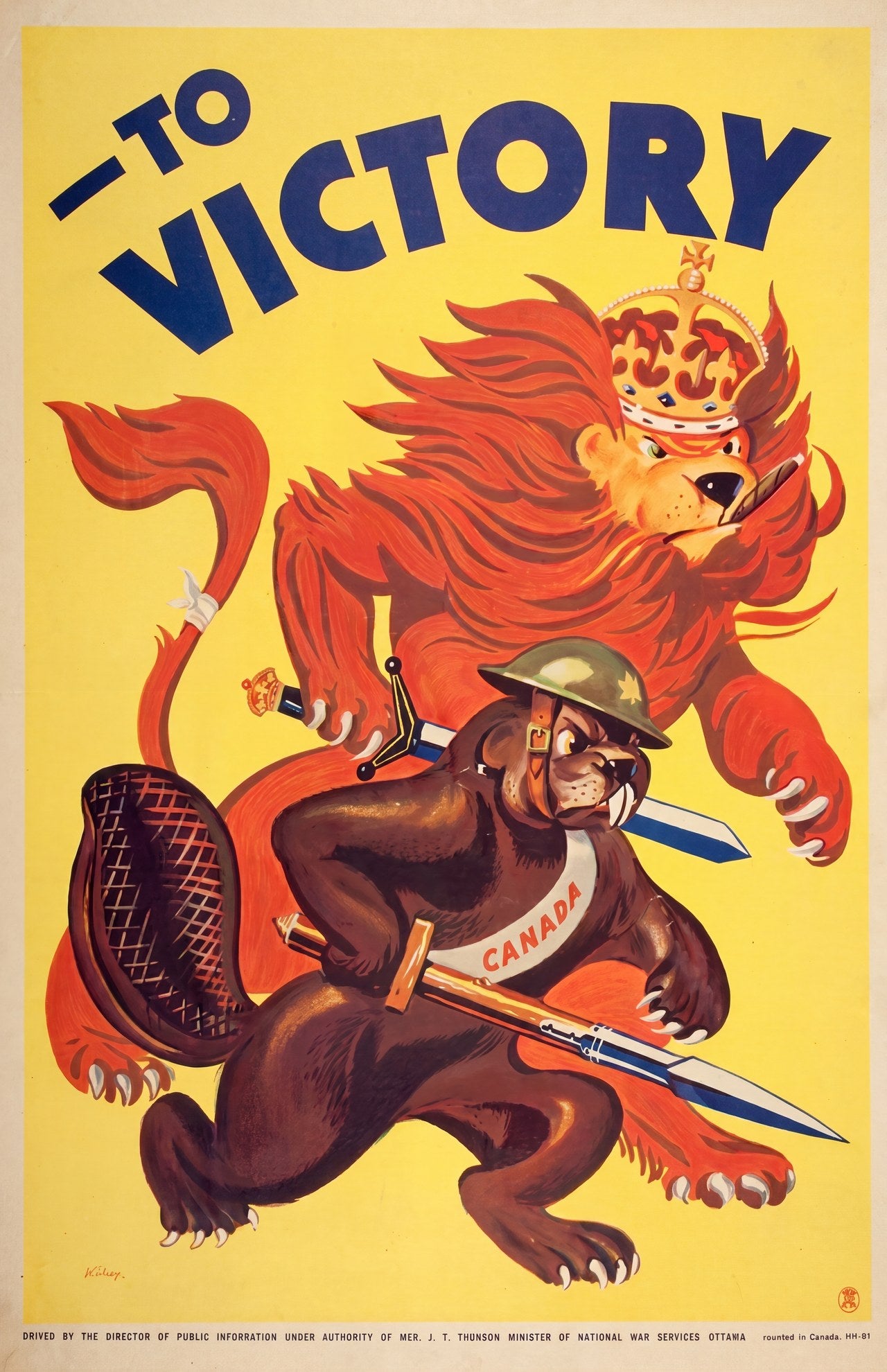 1942 Canadian propaganda poster showing crowned British lion and beaver with Canada sash marching to victory, yellow background, Wilcox