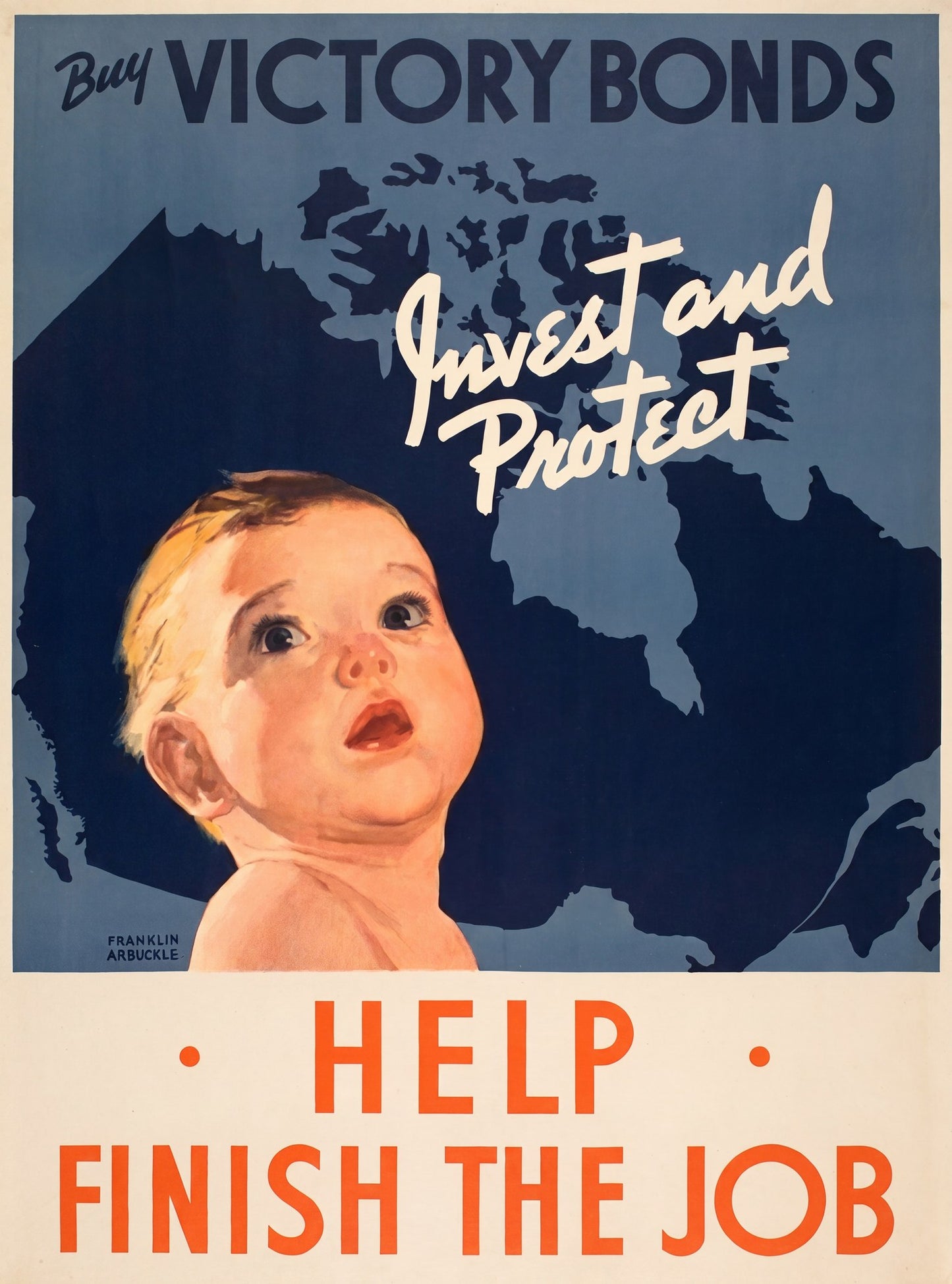 1940s Canadian Victory Bonds war poster showing baby against navy background, Canada map outline, Franklin Arbuckle