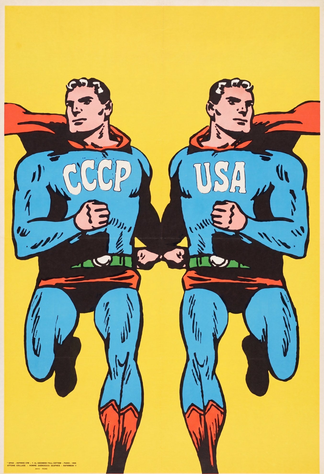 1968 cold war propaganda poster showing mirror-image CCCP and USA superheroes in blue on yellow, Roman Cieslewicz | The Vintage Poster Archives