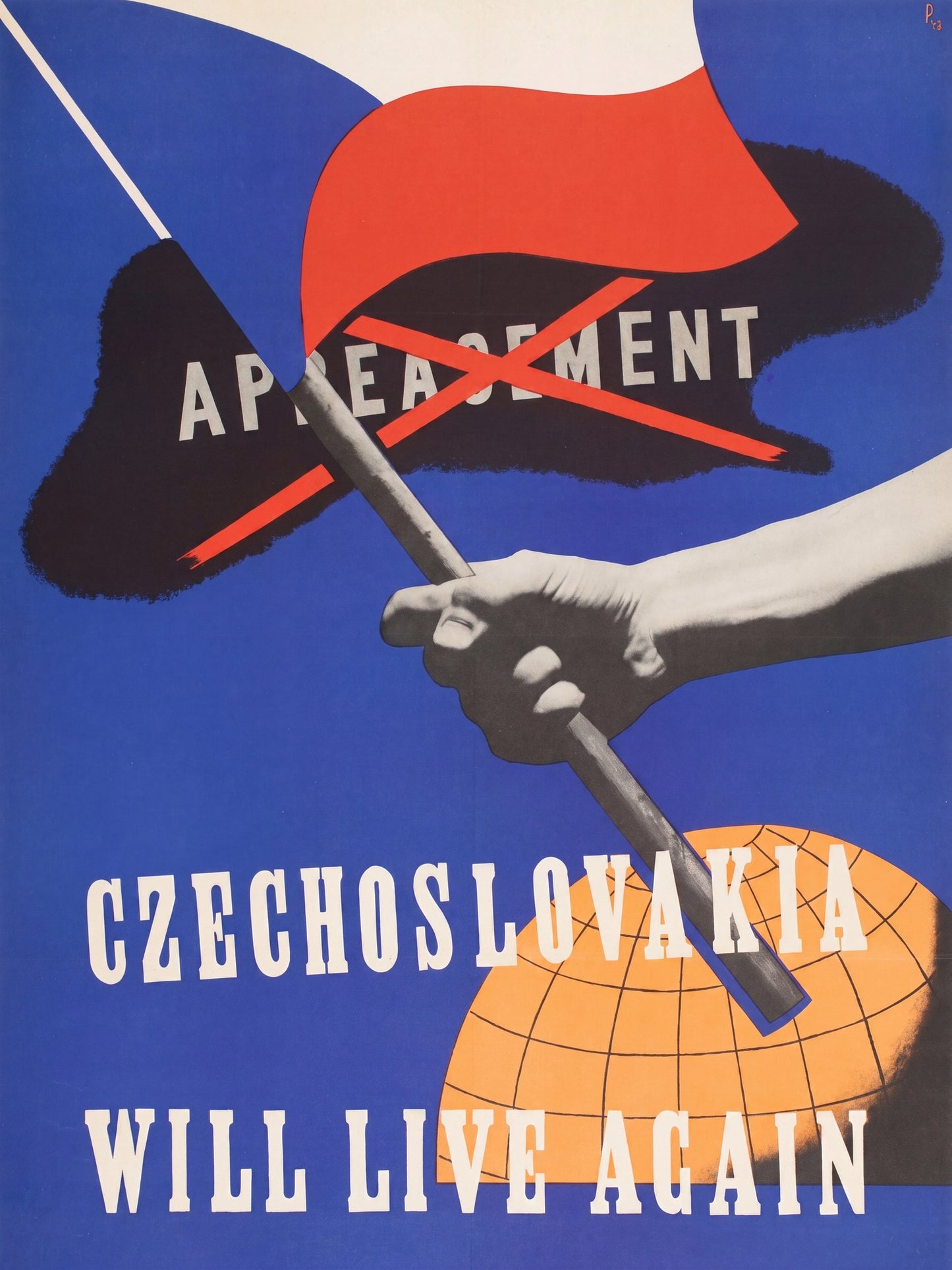 1943 Czech propaganda poster showing hand gripping flag crossing out APPEASEMENT, blue background, Peel design