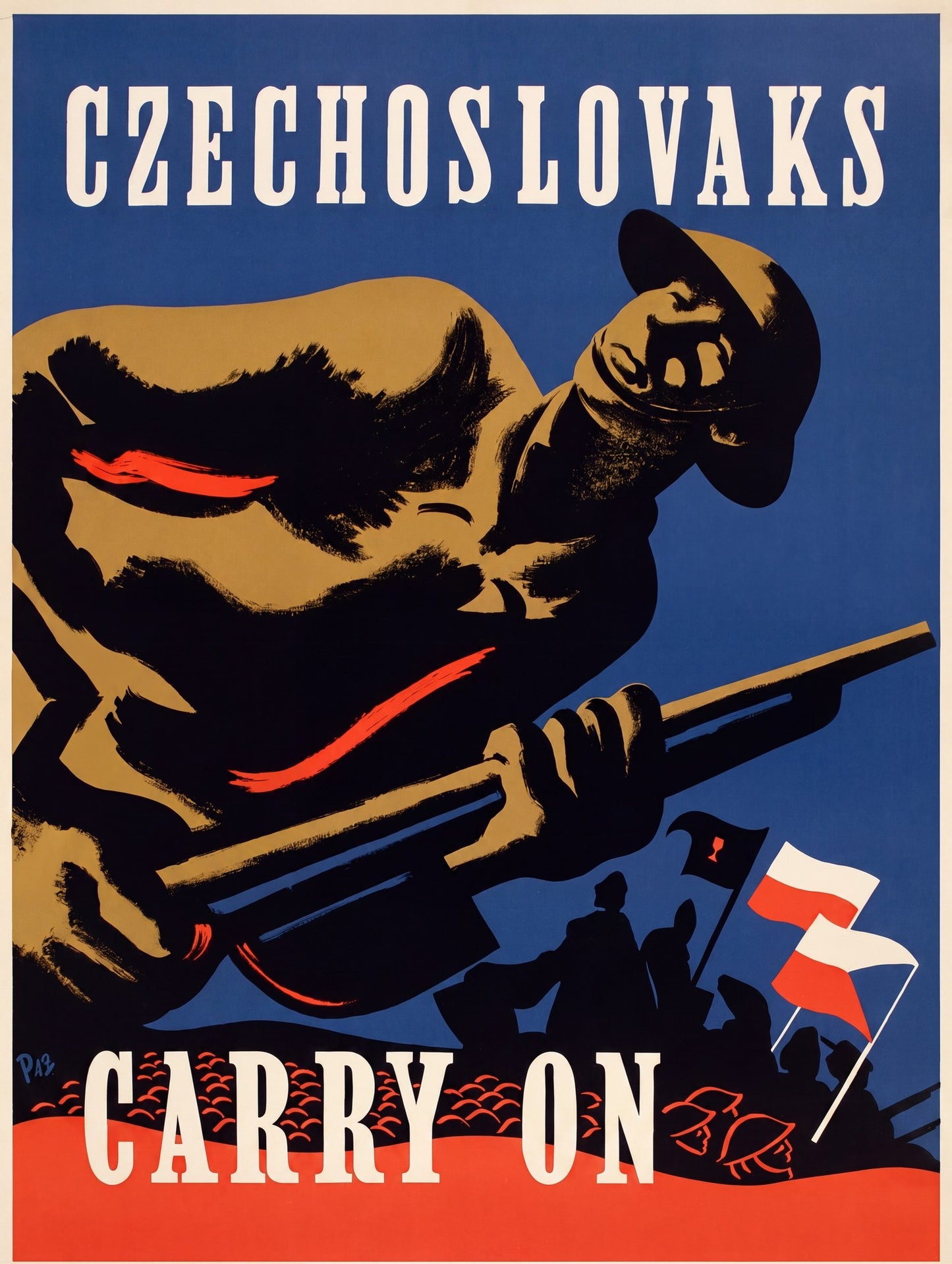 1942 Czechoslovak propaganda poster showing allied soldier with rifle, blue background, bold white typography, T. Peel