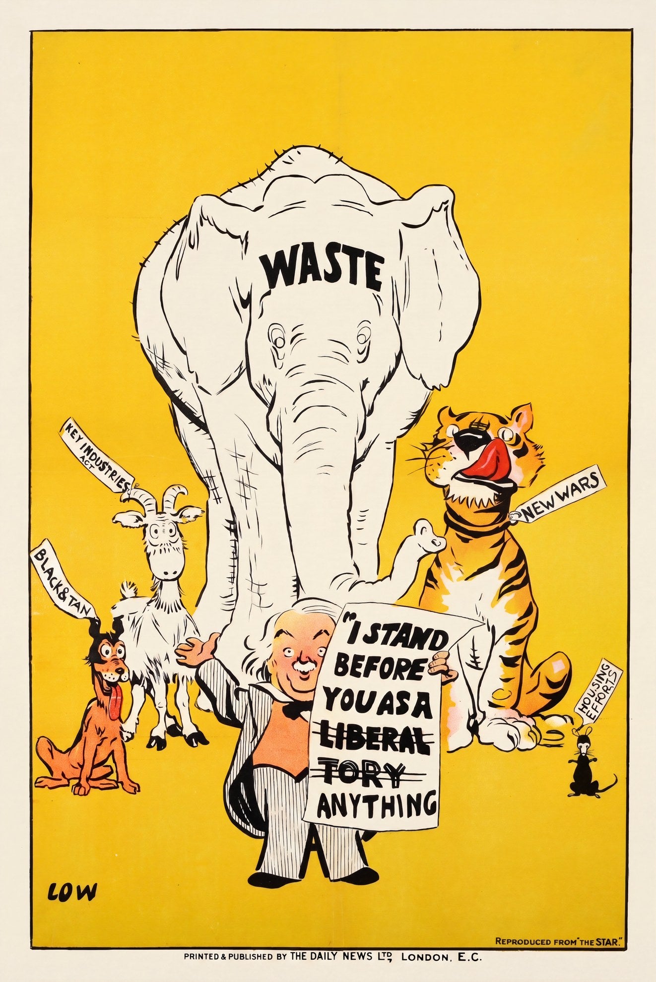 1920s British political propaganda poster by David Low showing Lloyd George with waste elephant and animal caricatures, yellow ground | The Vintage Poster Archives