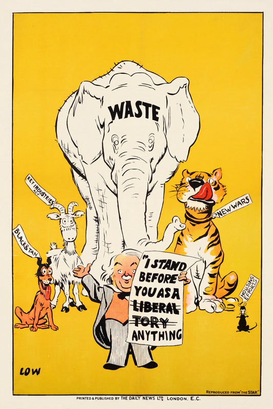 1920s British political propaganda poster by David Low showing Lloyd George with waste elephant and animal caricatures, yellow ground | The Vintage Poster Archives