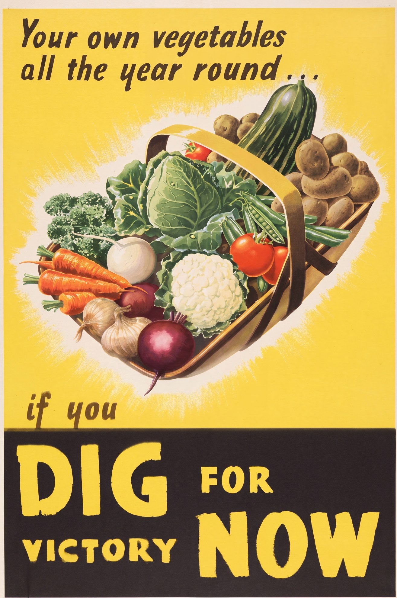 1940s British Dig for Victory poster showing vegetable basket on yellow background, brown text, Irene Mitchell design