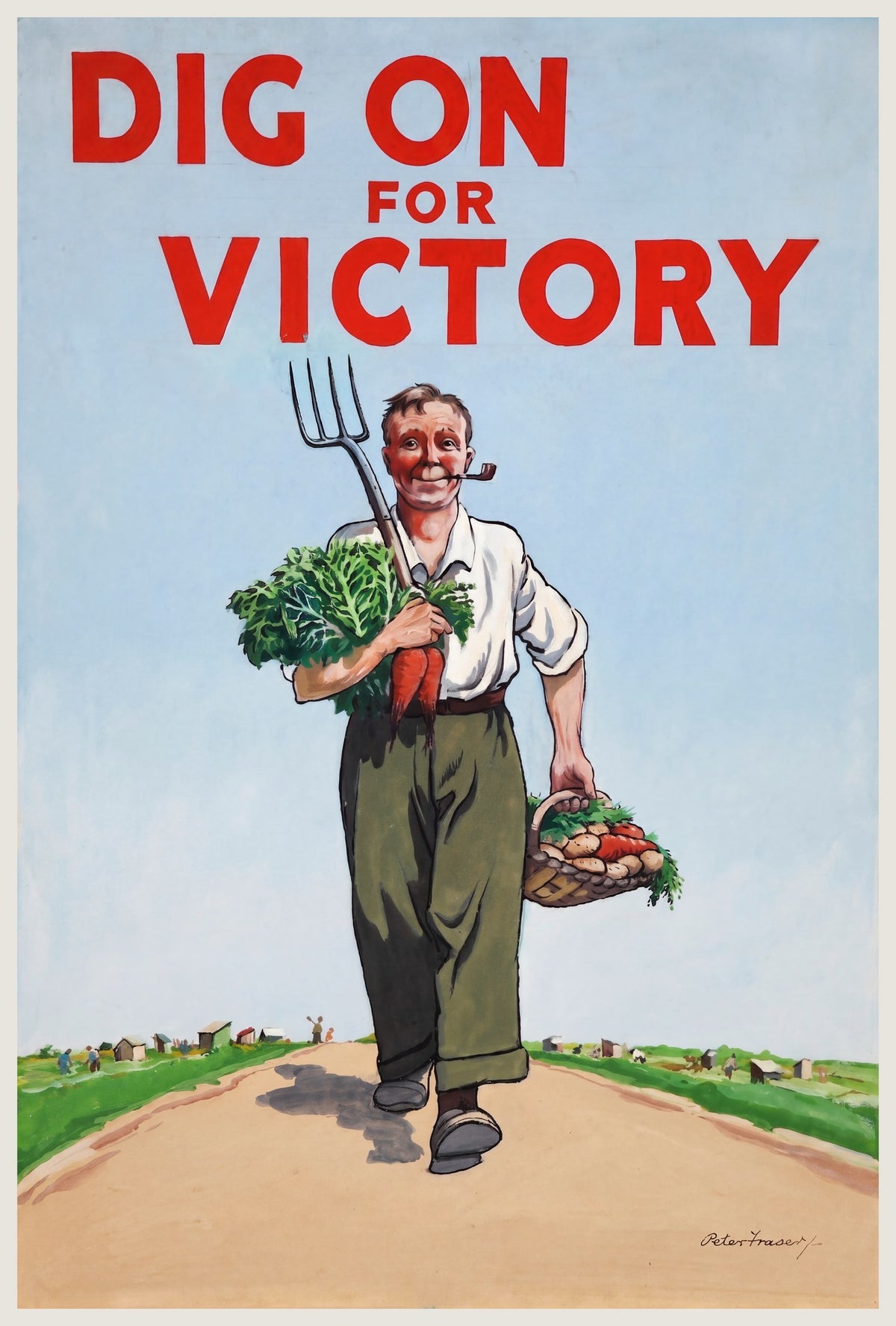 1944 WW2 home-front propaganda poster, smiling allotment worker with fork and vegetables, red DIG ON FOR VICTORY headline, Peter Fraser | The Vintage Poster Archives