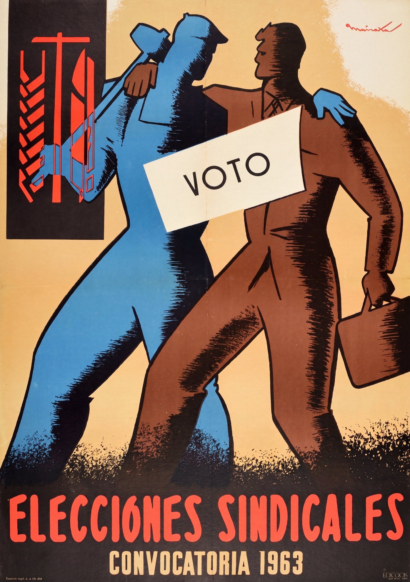 1963 Spanish Sindicato Vertical propaganda poster, two workers converging with VOTO placard, amber and cobalt, Aminata | The Vintage Poster Archives