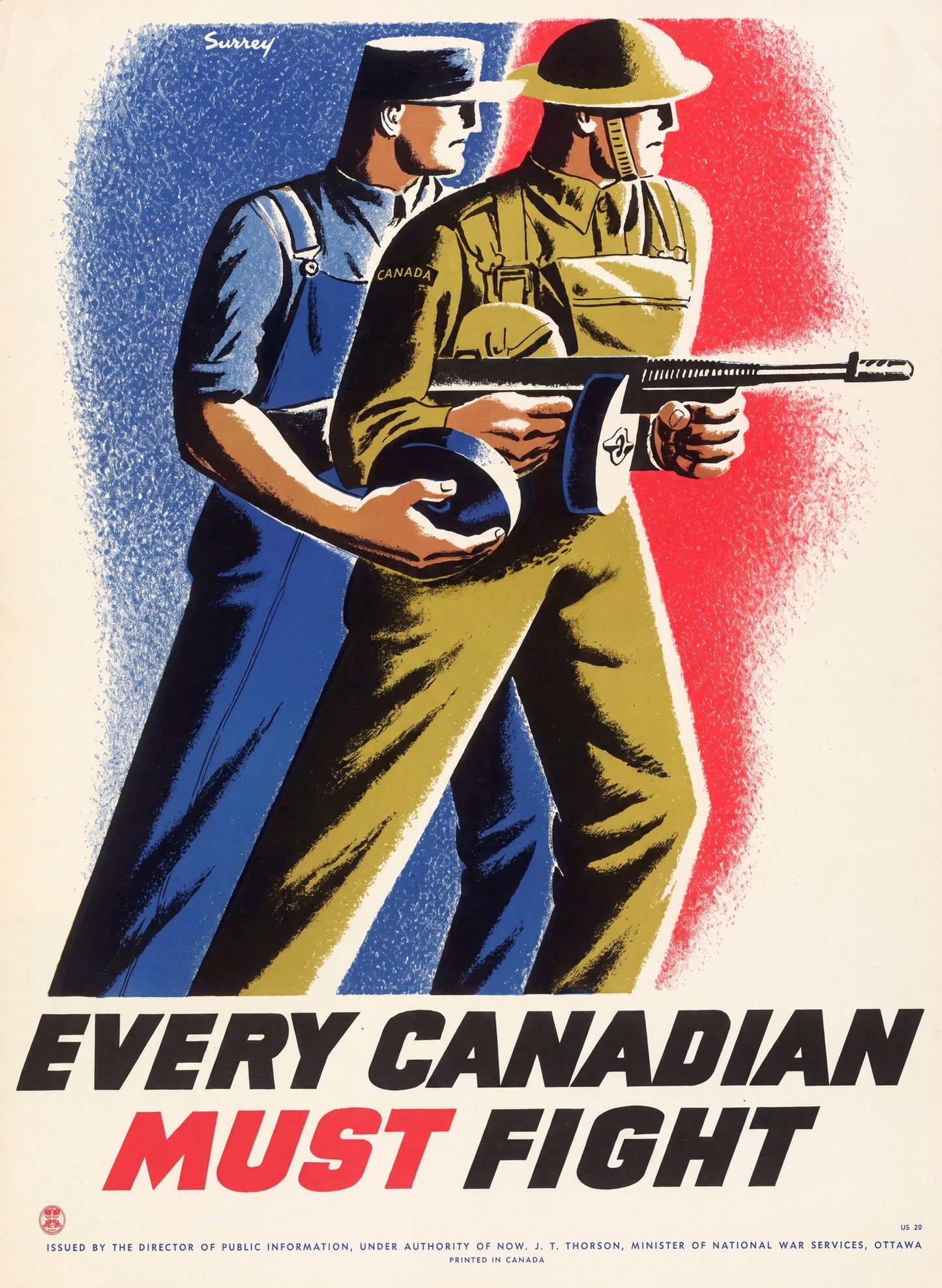 1942 Canadian WW2 propaganda poster showing worker and soldier with weapons, red and blue patriotic colours, Philip Surrey