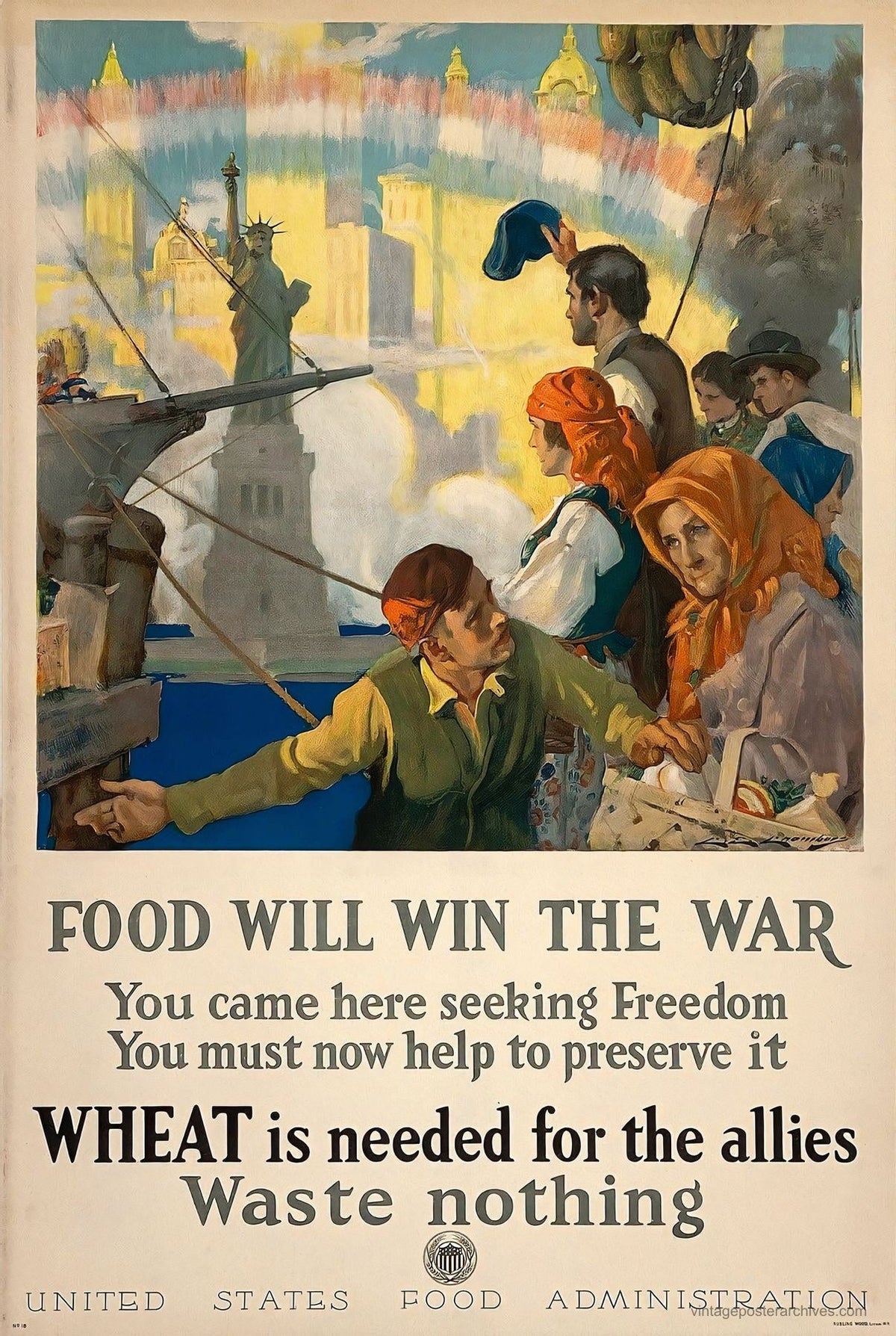 1917 Food Will Win the War propaganda poster showing immigrants, US Food Administration, Charles Chambers
