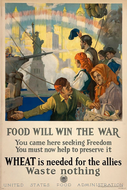 1917 Food Will Win the War propaganda poster showing immigrants, US Food Administration, Charles Chambers