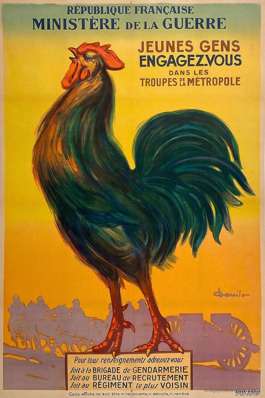 1914 French WWI army recruitment propaganda poster showing the Gallic cockerel emblem, Danilo